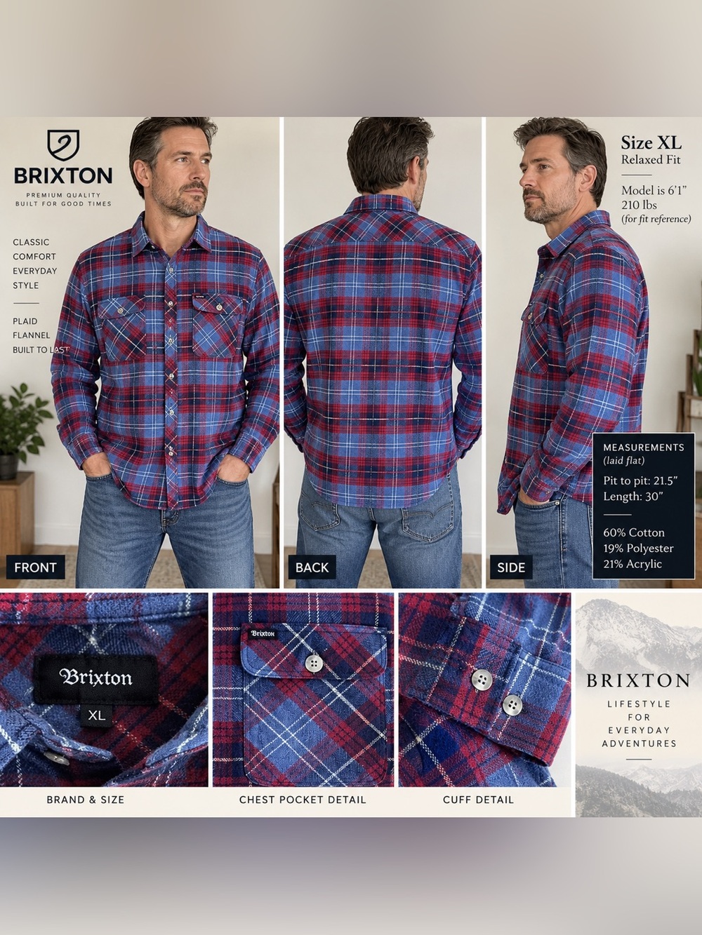 Brixton Plaid Flannel Shirt Blue Red XL Cotton Blend Button Up